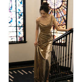 鱼尾晚礼服法式高级亮片性感修身露背宴会主持人订婚裙新娘敬酒服