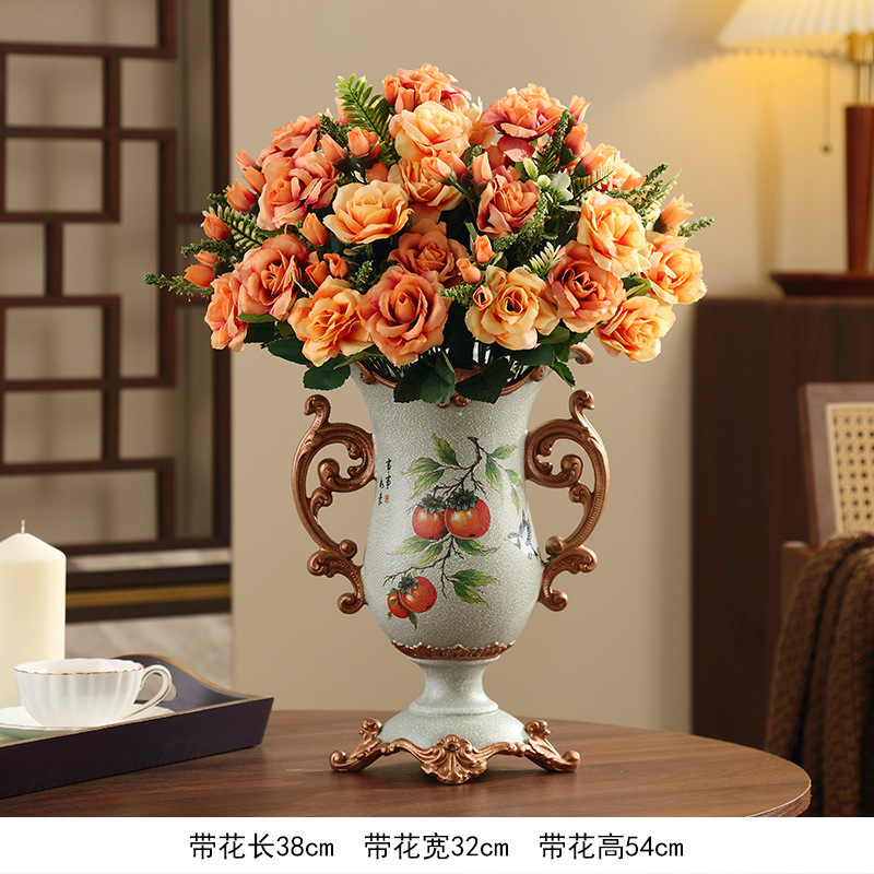 가지에 까치 - 감 여의 이중 귀 작은 꽃병 + 일몰 붉은 꽃 4송이