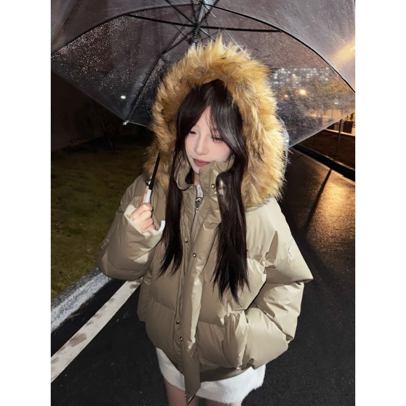 カジュアルで汎用性の高い、ニッチなファー襟付きフード付きジャケット。女性用冬物、厚手で暖かい、ゆったりとしたシンプルなダウンコットンコート。|undefined