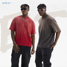休闲街头水洗渐变T恤100%棉复古做旧T恤高品质喷马骝渐变褪色短袖