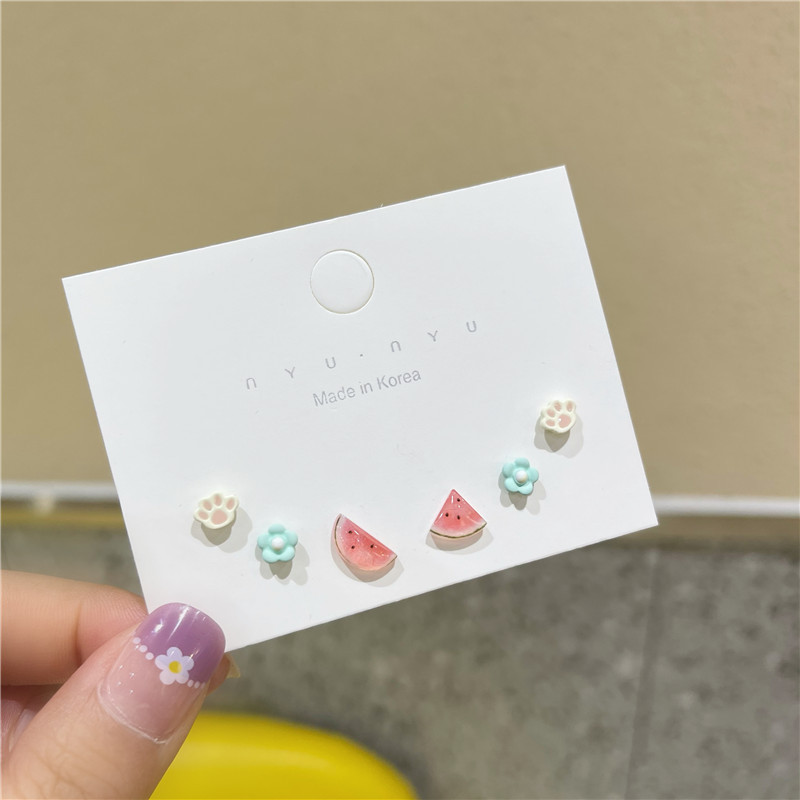 1 Set Cute Sweet Paw Print Flower Watermelon Plating Alloy Ear Studs display picture 1