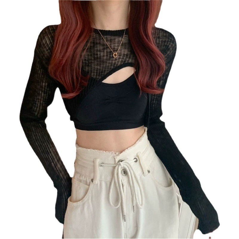 Тонкий укороченный свитер с длинным рукавом Солнцезащитная одежда для женщин 2023 Летний Новый Ультра короткий топ однотонная блузка кондиционер