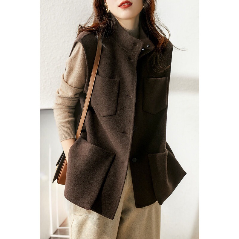 Italian Export Women's Autumn Solid Color Outerwear Vest with Stand Collar, Large Pockets, Workwear Faux Wool Vest Jacket Italian Export Women's Autumn Solid Color Outerwear Vest with Stand Collar, Large Pockets, Workwear Faux Wool Vest Jacket