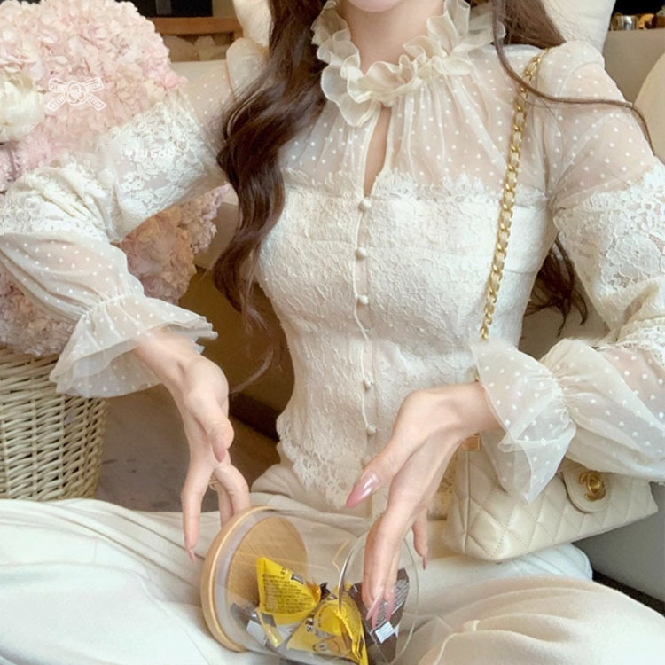 [Yuzhuliu Xian] Heavy Retro Lace Polka Dot Top, Lace Mesh Patchwork Waist Shirt