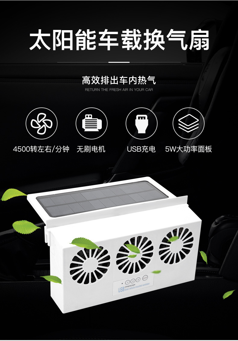 Summer Solar-Powered Three-Head Car Exhaust Fan, Car Cooling Solar Ventilation Exhaust Fan, Odor Removal Electric Fan