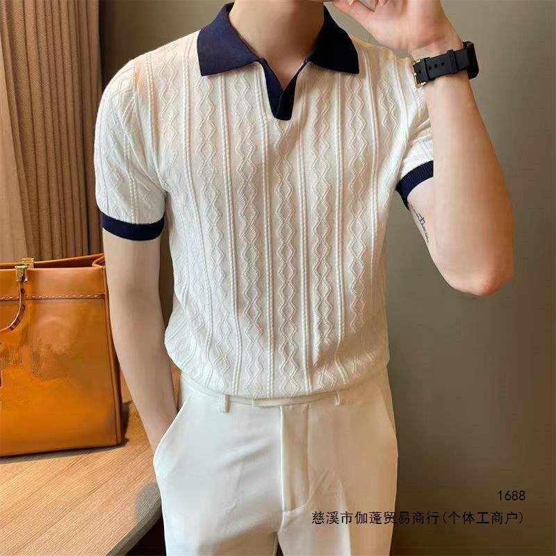 New summer color-blocked collar knitwear for men, collared t-shirt, mature business slim fit turn-down collar polo short sleeve.