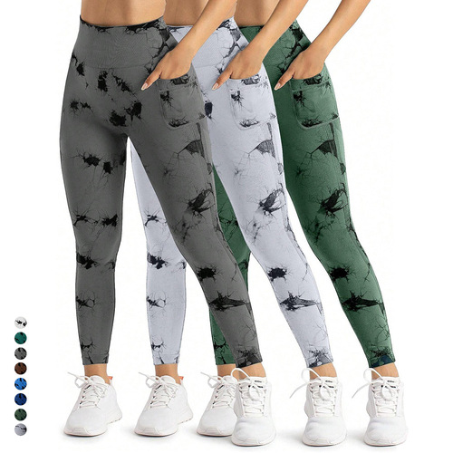 Cross-border new tie-dye side pocket yoga pants long-length bare feel running sports fitness leggings butt-lifting yoga pants for women