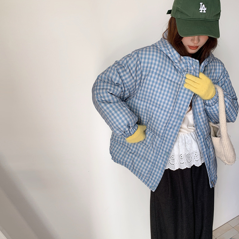 跨境韩版风立领短款棉服女2025秋冬新款休闲蓝色格纹加厚外穿潮|undefined