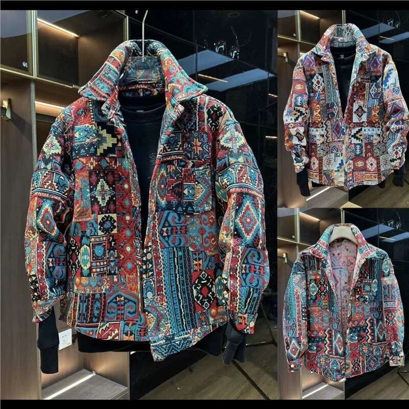 Ethnic Style Jacquard Casual Lapel Shirt Jacket for Men, New Autumn Versatile Loose Swallowtail Warm Cotton Jacket Ethnic Style Jacquard Casual Lapel Shirt Jacket for Men, New Autumn Versatile Loose Swallowtail Warm Cotton Jacket
