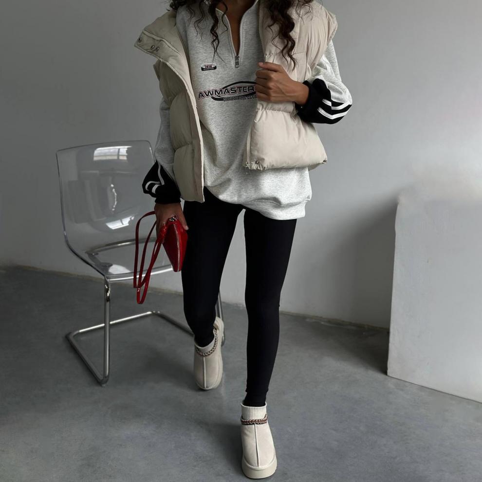 Felpa con stampa patchwork a righe laterali, stile street style, con mezza zip e lettere color block in stile americano_voghion.com