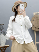 日系森女双层棉纱衬衫女简约长袖彩扣文艺百搭女士衬衣