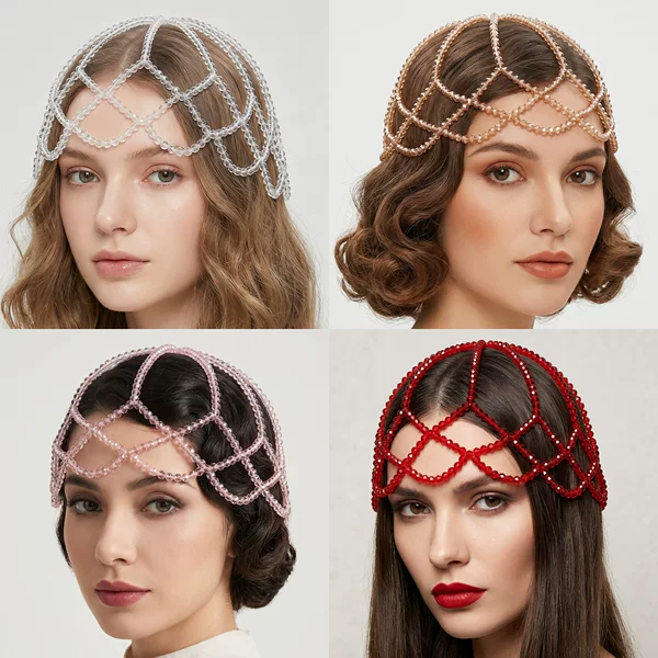 European and American Retro Multi-Color Juliet-Style Hair Hat with Handmade Crystal Mesh Hair Chain, Bridal Wedding Dress Hollow Beaded Headpiece