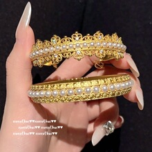 Nvnvthui蕾丝蜂巢花瓣珍珠手镯 镀18K金 皇冠珍珠锆石手镯 叠戴