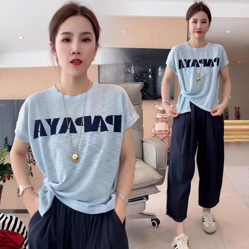 Plus Size Women's Letter Printed Short-Sleeved Round Neck T-Shirt Summer Korean Style Splicing Fashion Belly-Covering Breathable Bottoming Blouse