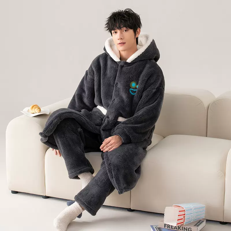 男士睡衣秋冬款加厚加绒珊瑚绒睡袍套装冬季法兰绒浴袍简约家居服