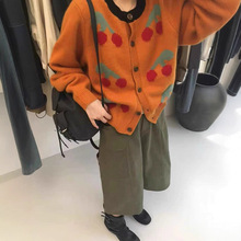 跨境亚马逊欧美2025秋冬新款圆领撞色针织衫樱桃刺绣提花女式毛衣