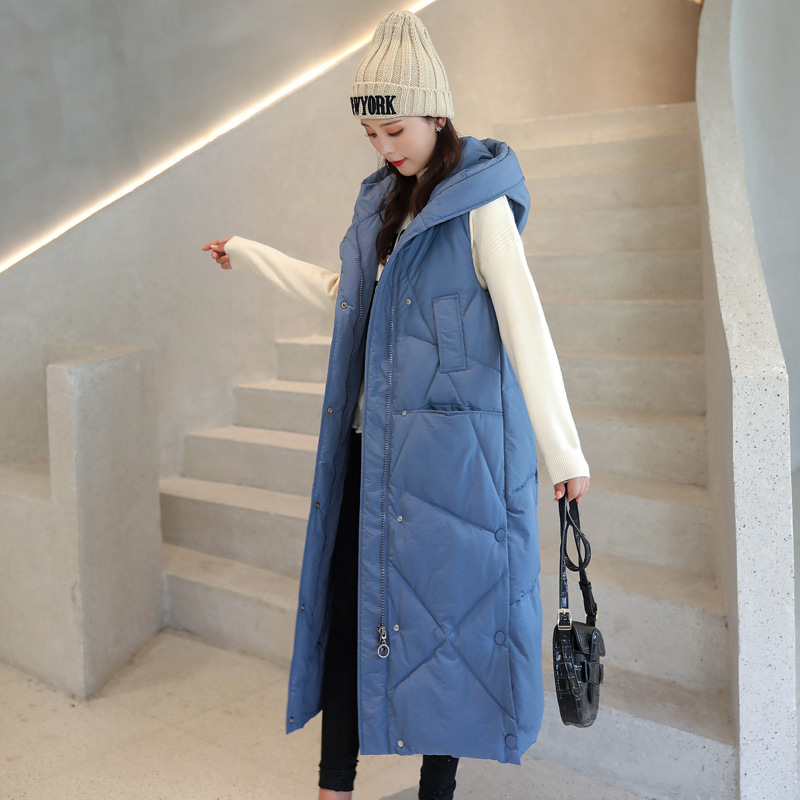 Women's long over-the-knee down cotton vest, extra large thick hooded cotton vest, fashionable waistcoat, Korean style