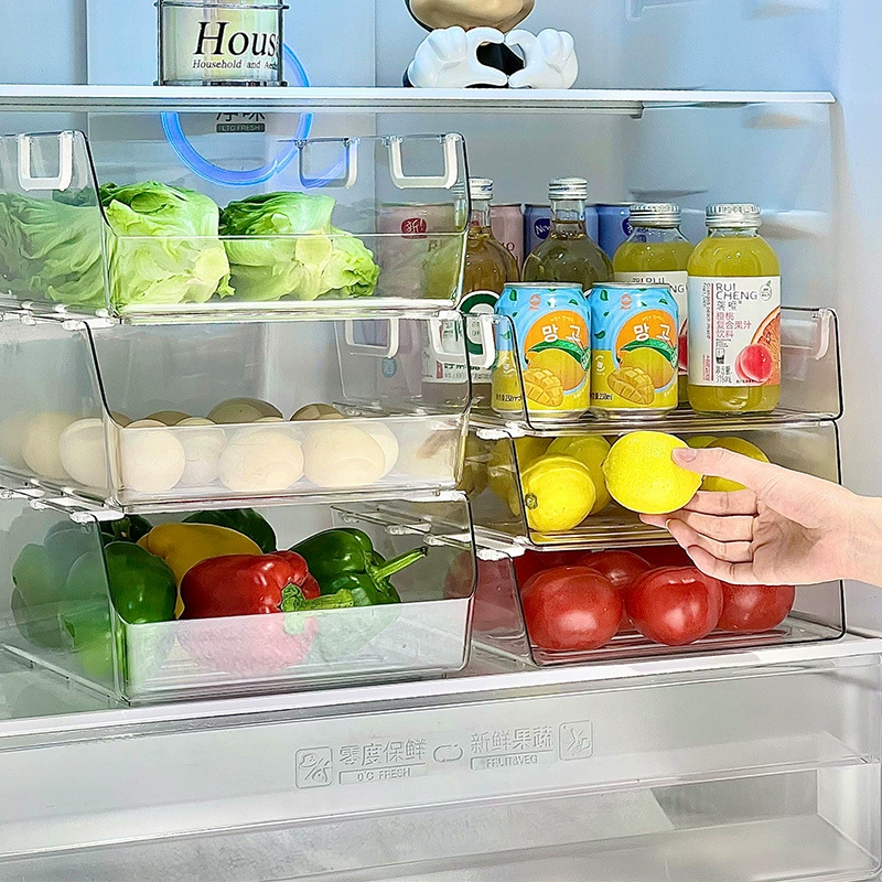 Refrigerator storage box — stackable transparent drawer, front‑pull, small and large sizes