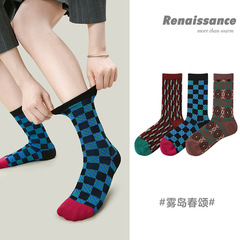 Renaissance原創女襪復古棋盤格中筒襪雙針精梳棉3雙裝諸暨襪子女