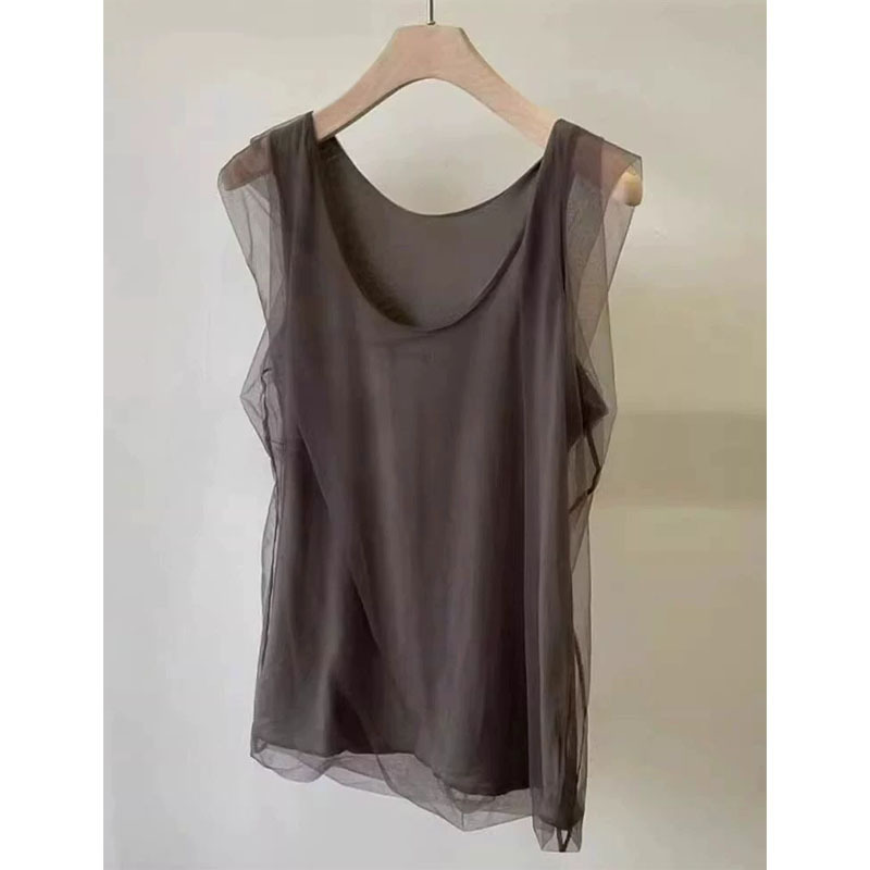 Good Things to Share! Brown High-Count Cotton and Linen Mesh Vest for Women Summer 2024 Sleeveless Round Neck Inner Shirt Top