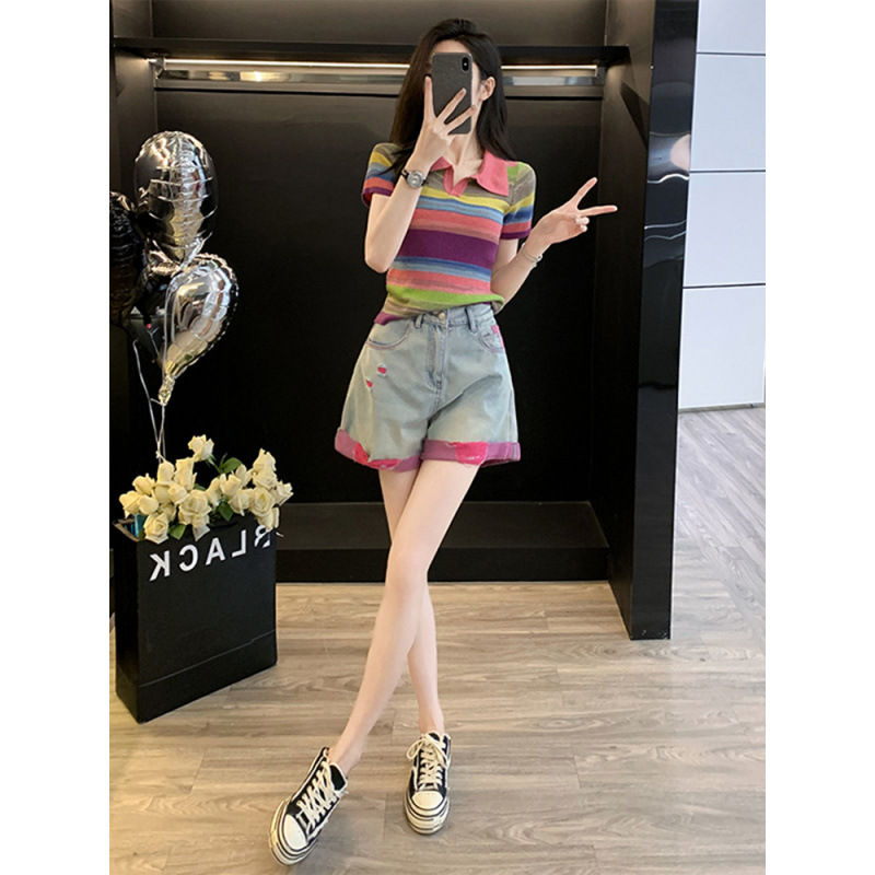 여름철 여성용 도파민 캐주얼 스포츠 슈트, 스트리트 스타일, 나이를 줄여주는 작은 무지개 탑, 데님 반바지 투피스 세트