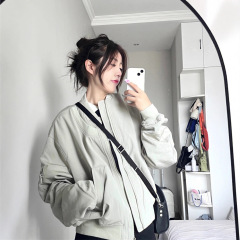 复古灰白色美式棒球服外套女秋冬季大码胖mm宽松显瘦工装夹克上衣