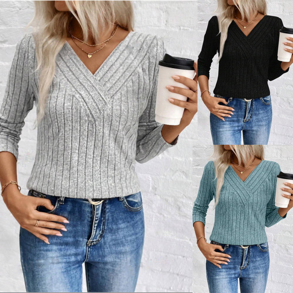 2025 Amazon Women's Tops Cross-Border European and American Autumn and Winter Hot-Selling Knitwear V Neck Pullover Long-Sleeved T-Shirt