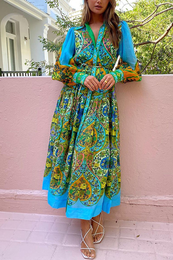 Regular Dress Dresses Type Wholesale Women's Vacation Printing Plant Holiday Beach Shirt Collar Long Sleeve Regular Dress