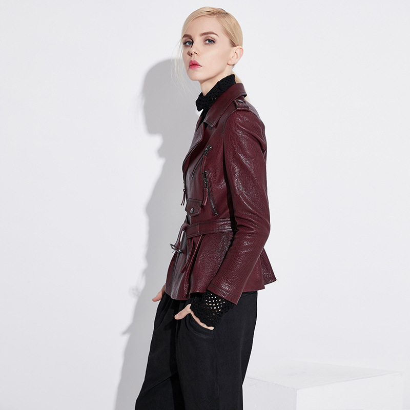 Leather Jacket Women's Spring New Retro High-End Fashion Lapel Goatskin Jacket Motorcycle Short Style