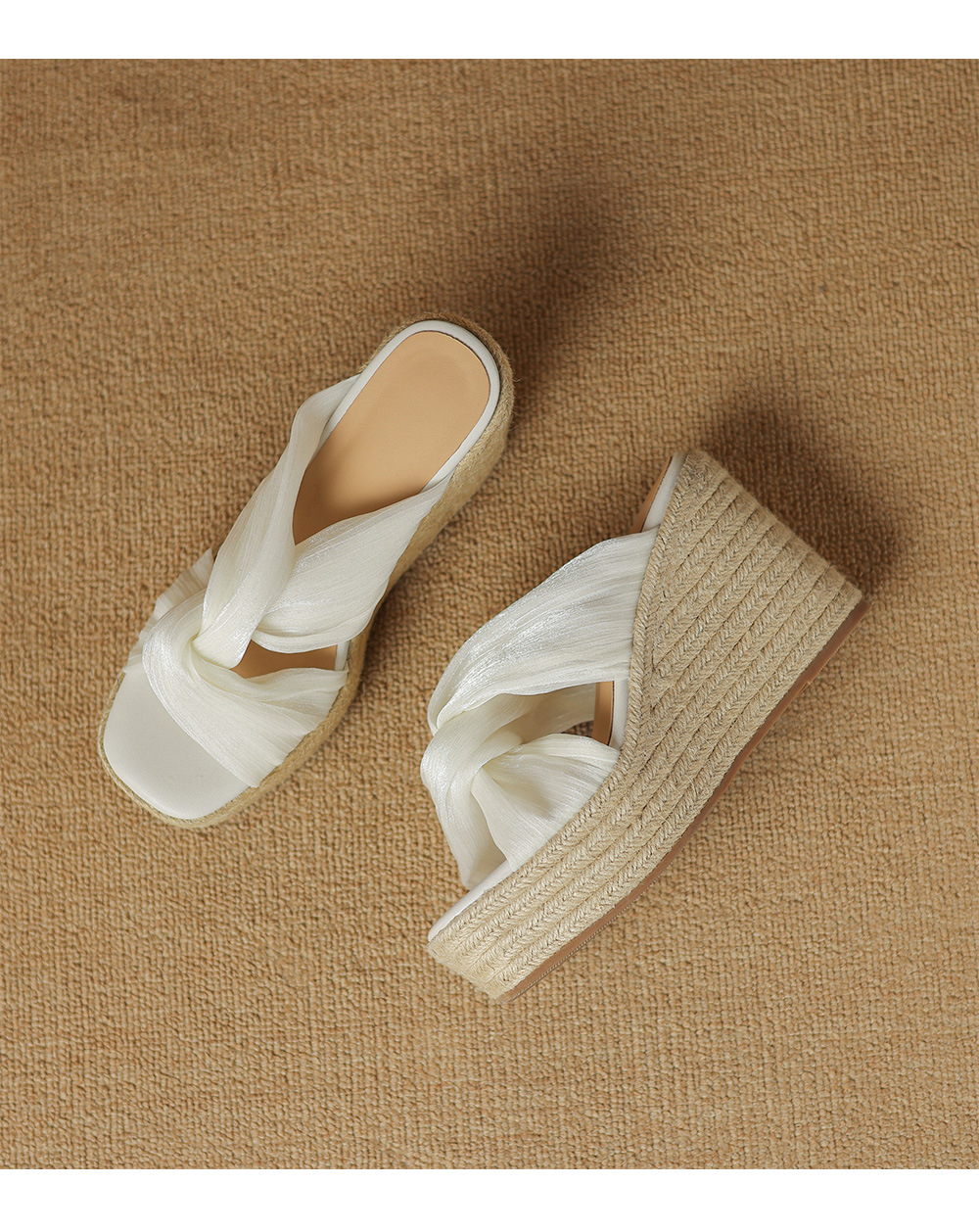 Dép sandal nữ quai chéo đế xuồng dệt rơm, hở mũi lưới, đế dày tăng chiều cao — Màu hồng, Màu trắng be, Màu xám chi tiết 15