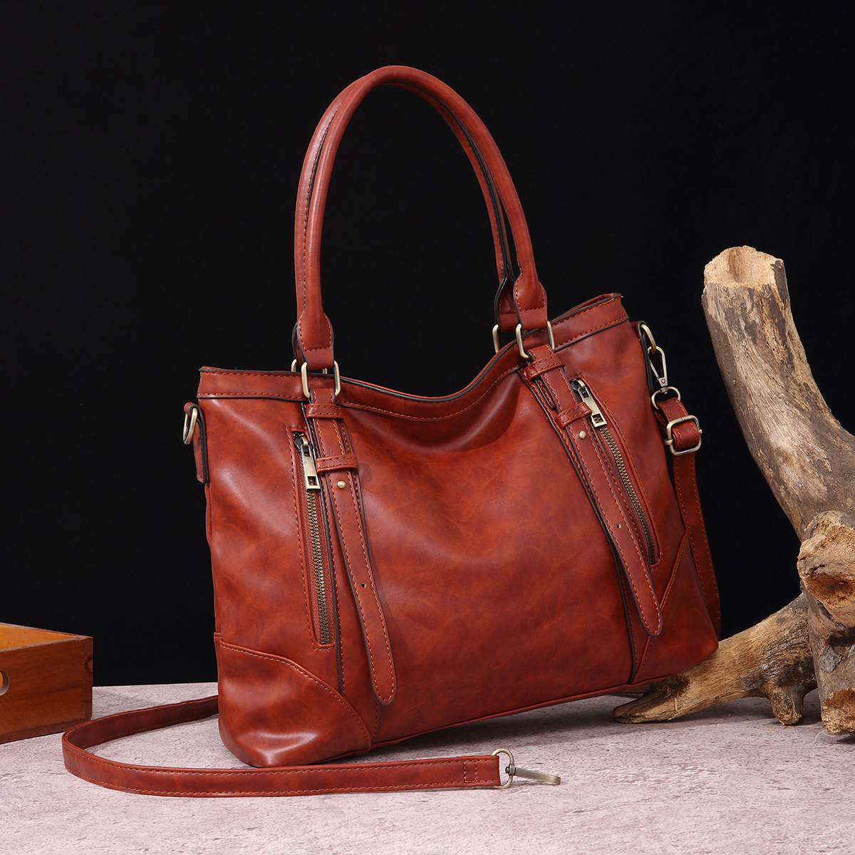 Borsa da donna a tracolla portatile con motivo pelle cerata olio vento Borsa da donna di grande capacità File A4_voghion.com