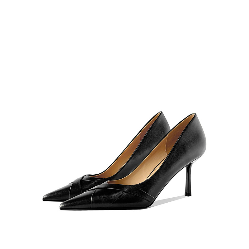 [in Stock] Genuine Leather High Heels for Women, Stiletto Heel, Black, Professional Commuting, Pointed Toe, Stylish Design, Off-White, Elegant Single Shoes