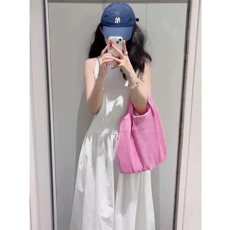 连衣裙女夏高级感 新款黑白两色休闲版型圆领针梭拼接背心连衣裙