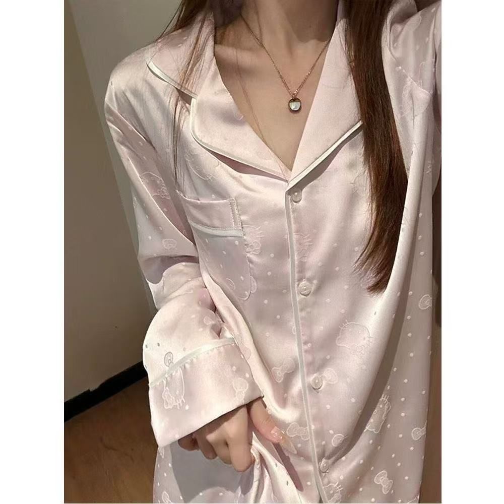 New Jacquard Ice Silk Pajamas Women's Long Sleeve Trousers Summer Cartoon Kt Cat Cardigan Lapel Large Size Homewear Suit