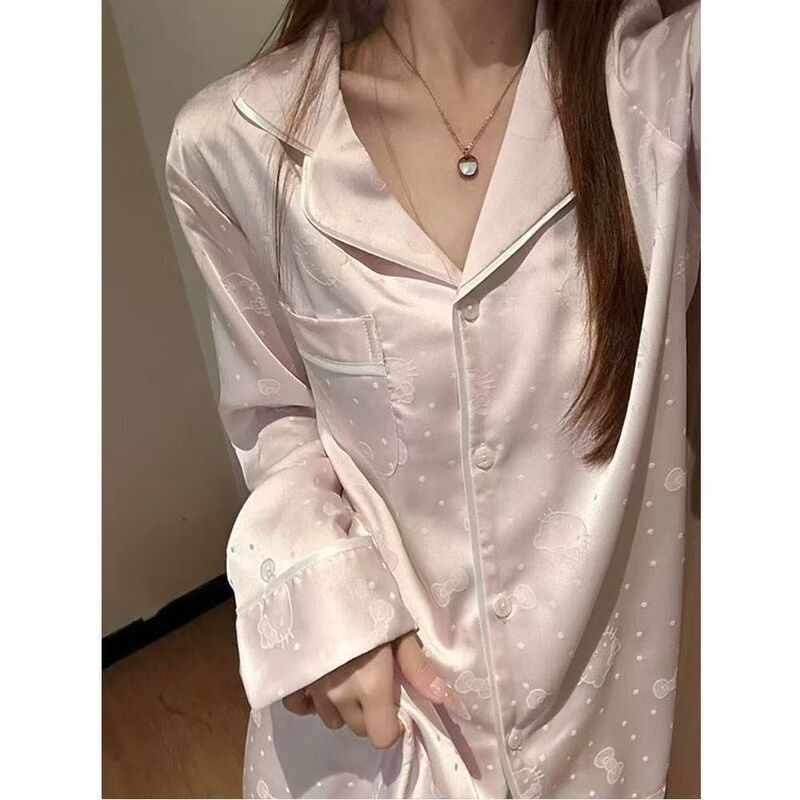 New Jacquard Ice Silk Pajamas Women's Long Sleeve Trousers Summer Cartoon Kt Cat Cardigan Lapel Large Size Homewear Suit New Jacquard Ice Silk Pajamas Women's Long Sleeve Trousers Summer Cartoon Kt Cat Cardigan Lapel Large Size Homewear Suit