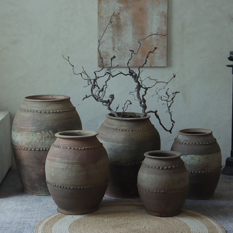 Floor-Standing Large Pottery Jar, Rustic Pottery Jar, Wabi-Sabi Style B&B Decorative Pottery, Antique Style Pottery Vase, Handmade Jar Display Ornaments
