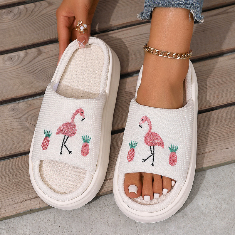 Cross-Border Linen Slippers Flamingo Home Men's Slippers Thick Plush Women's Indoor Non-Slip Non-Stinky Feet Leakage