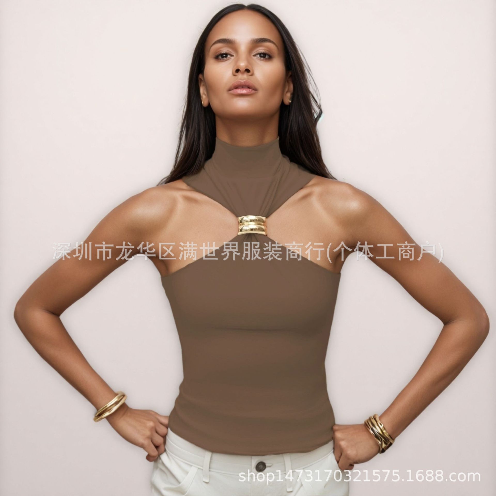 2025春夏亚马逊速卖通独立站跨境爆款女装金色环无袖露肩弹力上衣