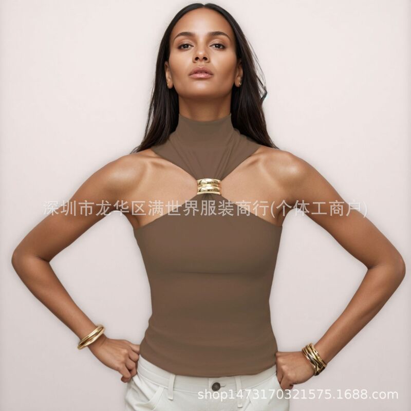 2026 Spring/Summer Amazon and Aliexpress Independent Site Cross-Border Hot-Selling Women's Gold Ring Sleeveless Off-Shoulder Stretch Top