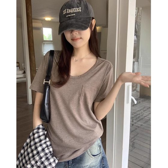 One-piece delivery Korean style lazy style U-neck short sleeve women's design pocket T-shirt summer loose plus size slimming top