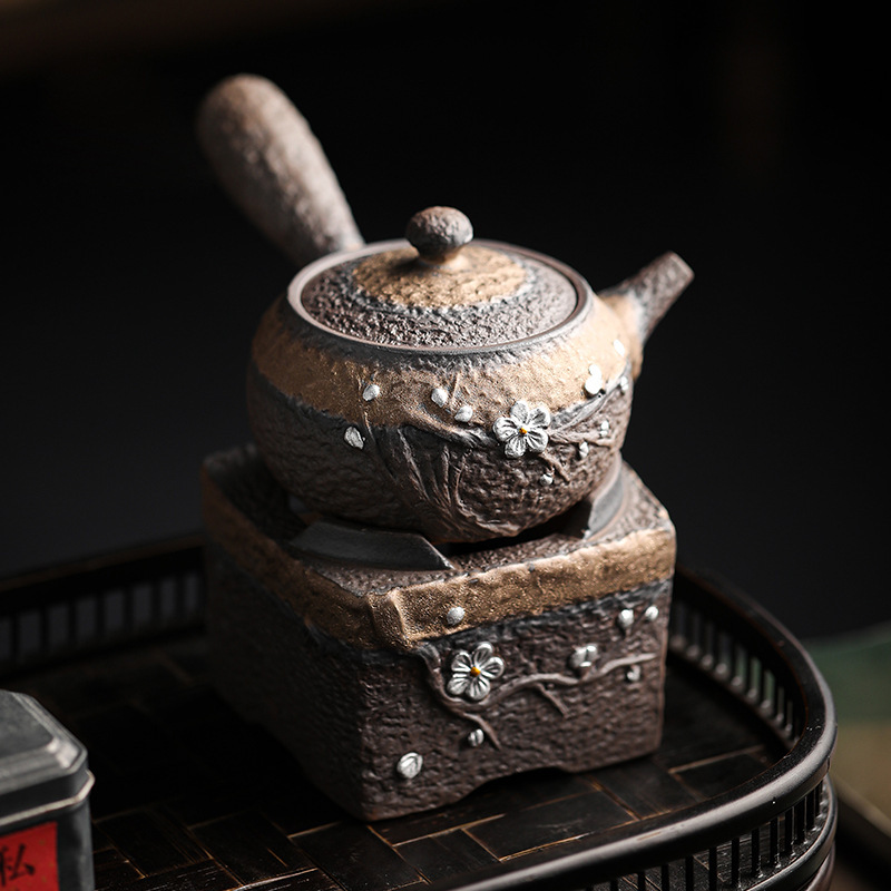 Japanese style stoneware side handle pot household single pot vintage handmade drawing silver kung fu teapot old rock mud filter tea maker Japanese style stoneware side handle pot household single pot vintage handmade drawing silver kung fu teapot old rock mud filter tea maker