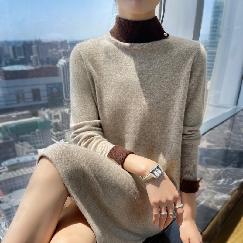 Demi-season woolen colored knitted dress