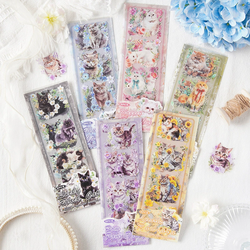 Набор наклеек Cute Cat Meets Cute Cat Flower Sticker Handbook DIY чехол для мобильного телефона декоративная коллаж Подходит детям наклейка питомца