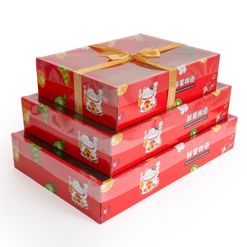 新款招财猫红色透明盖水果礼盒包装盒高档送礼包装纸箱空盒子