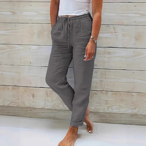 2025 eBay Women's Western Elastic High-Waist Pocket Loose Cotton Linen Casual Pants