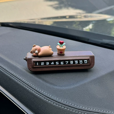 "Pa Pa Bear" parking number plate, temporary car relocation phone sign, high-end car phone number holder for women (Nömrəli dayanma kartı) - lying-bear-potted-peach-wood-pattern-safety-hammer-parking-sign