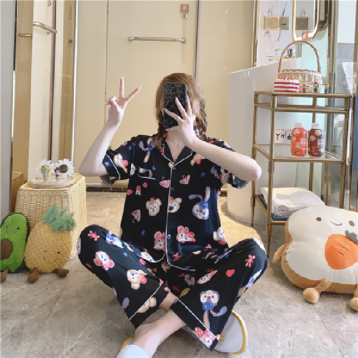 Pantalones de manga corta pijamas de las mujeres de verano estilo coreano ins cardigan leche traje de seda hogar ocio dibujos animados estudiante fuera image 14