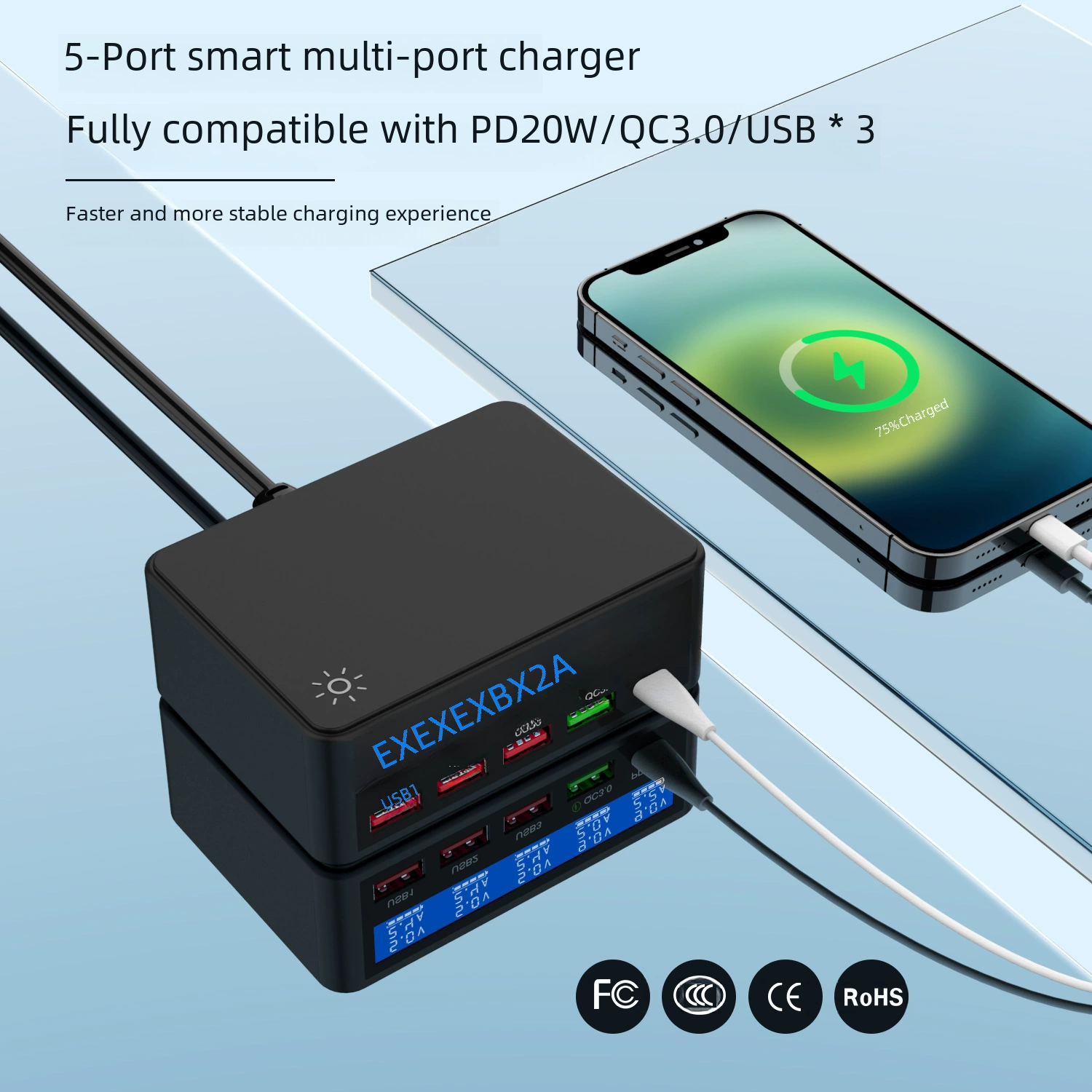 Кросс-бордер новый многоразъемный USB-зарядник для мобильного телефона с ЖК-дисплеем, совместимый QC3.0 PD20W, интеллектуальный дисплей