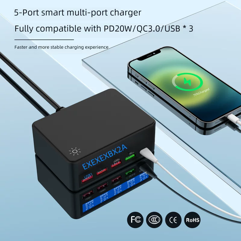 Кросс-бордер новый многоразъемный USB-зарядник для мобильного телефона с ЖК-дисплеем, совместимый QC3.0 PD20W, интеллектуальный дисплей