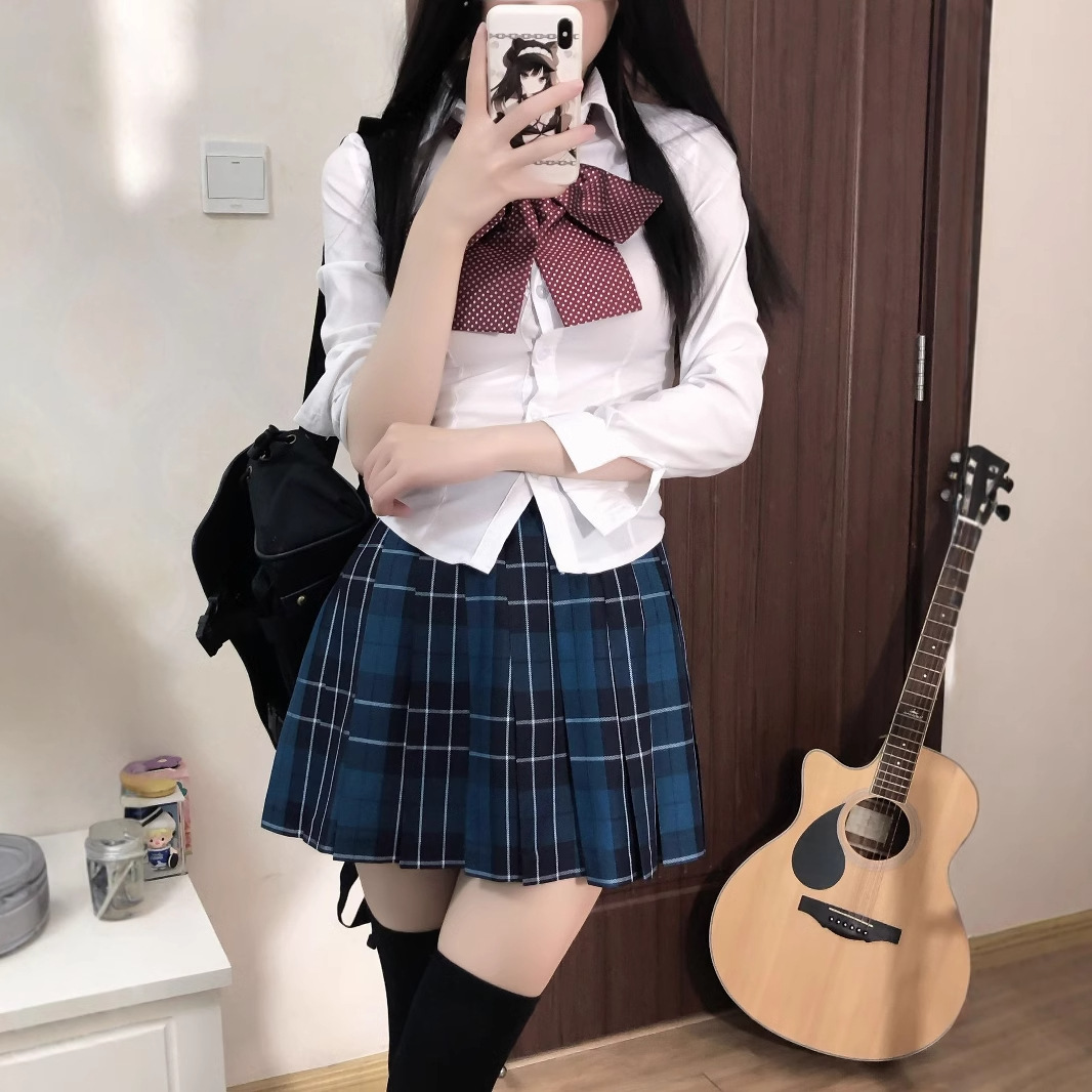 JK 유니폼 봄과 가을 슬림 핏 높은 허리 주름 치마 학교 스타일 슬리밍 올 매치 셔츠 유료 스커트 일본식 대학 스타일 세트